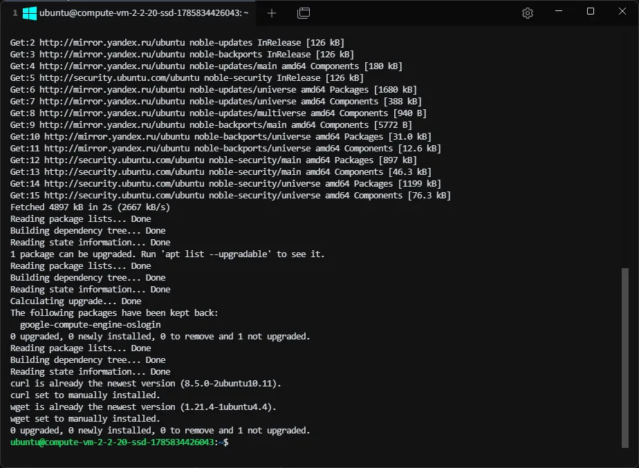 Обновление пакетов Ubuntu и установка curl и wget в SSH-консоли
