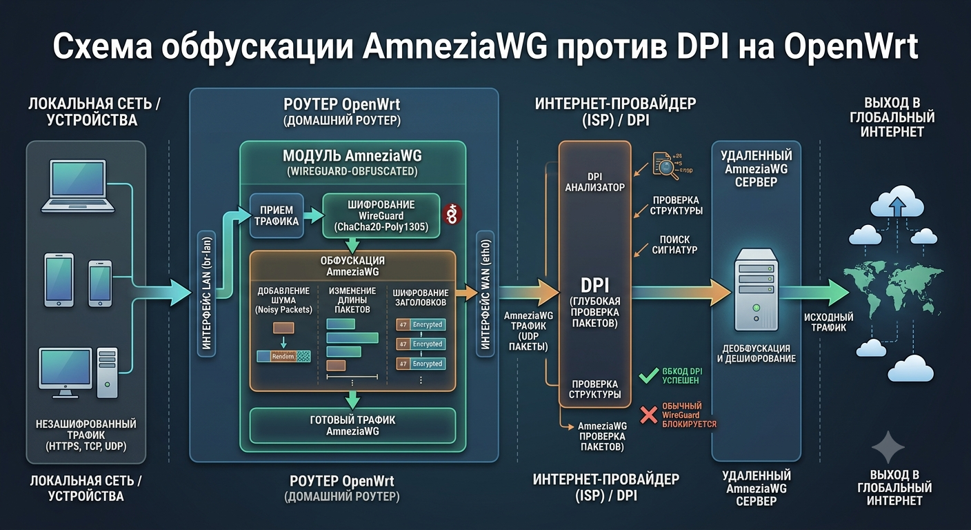 Схема обфускации AmneziaWG против DPI на OpenWrt