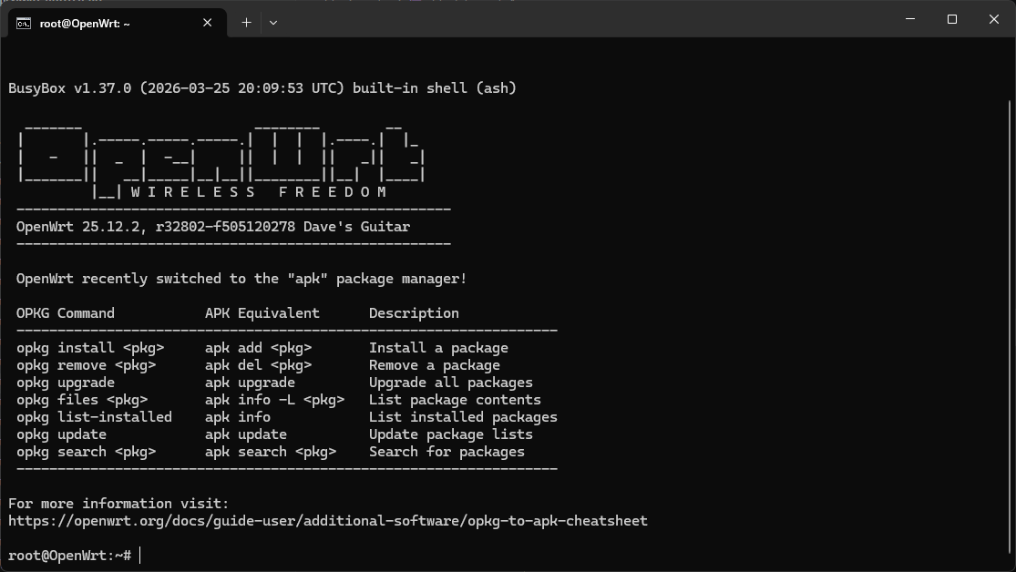 Баннер OpenWrt после успешного ssh подключения к роутеру
