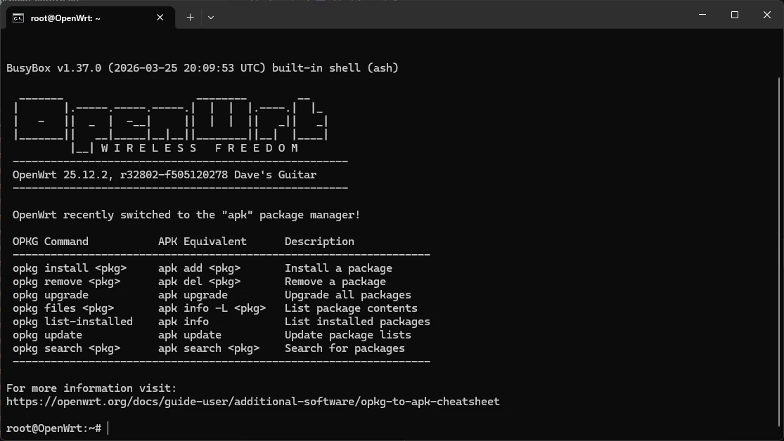 Баннер OpenWrt после успешного ssh подключения к роутеру