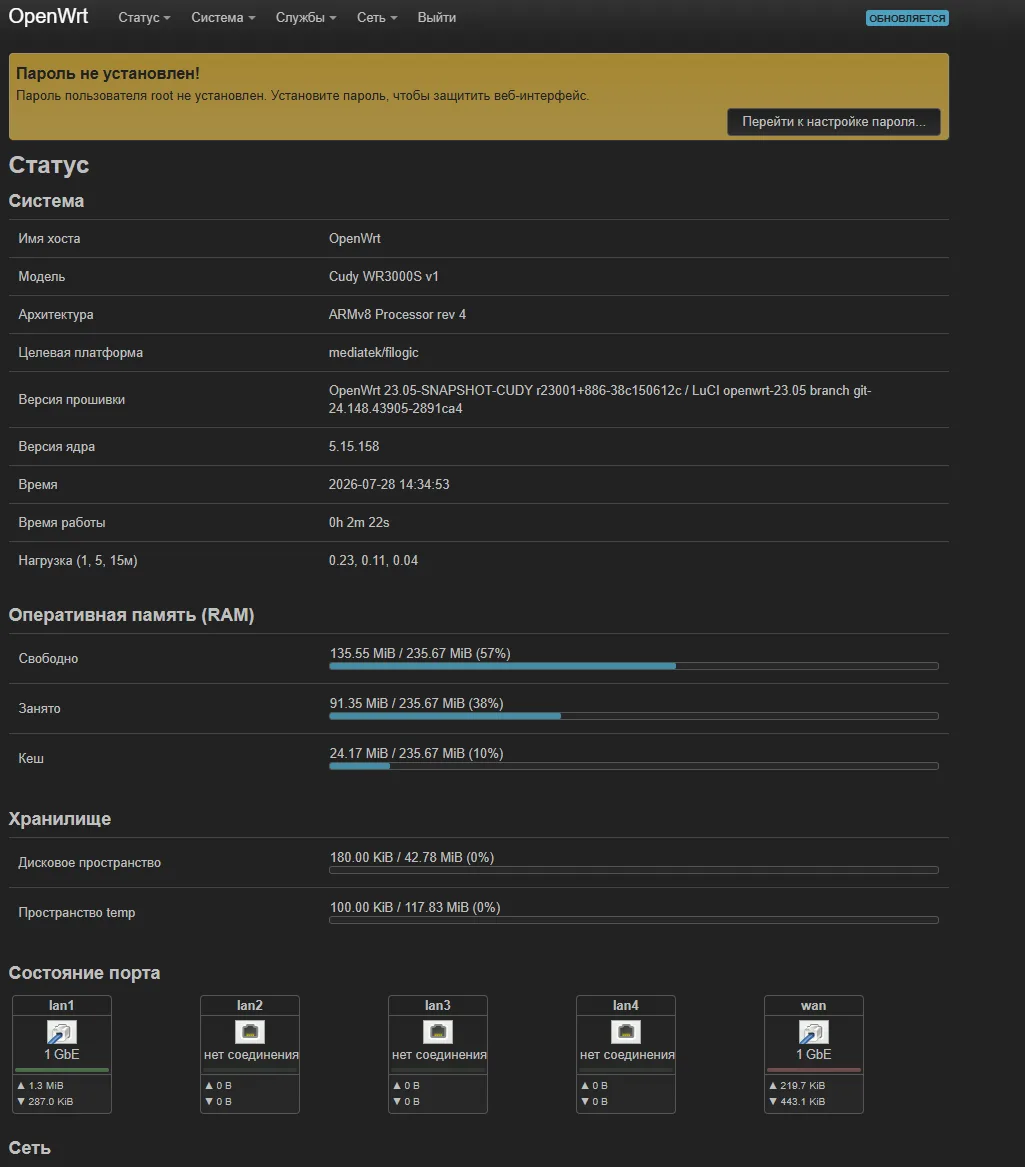 Статус OpenWrt 23.05-SNAPSHOT-CUDY на Cudy WR3000S после переходной прошивки