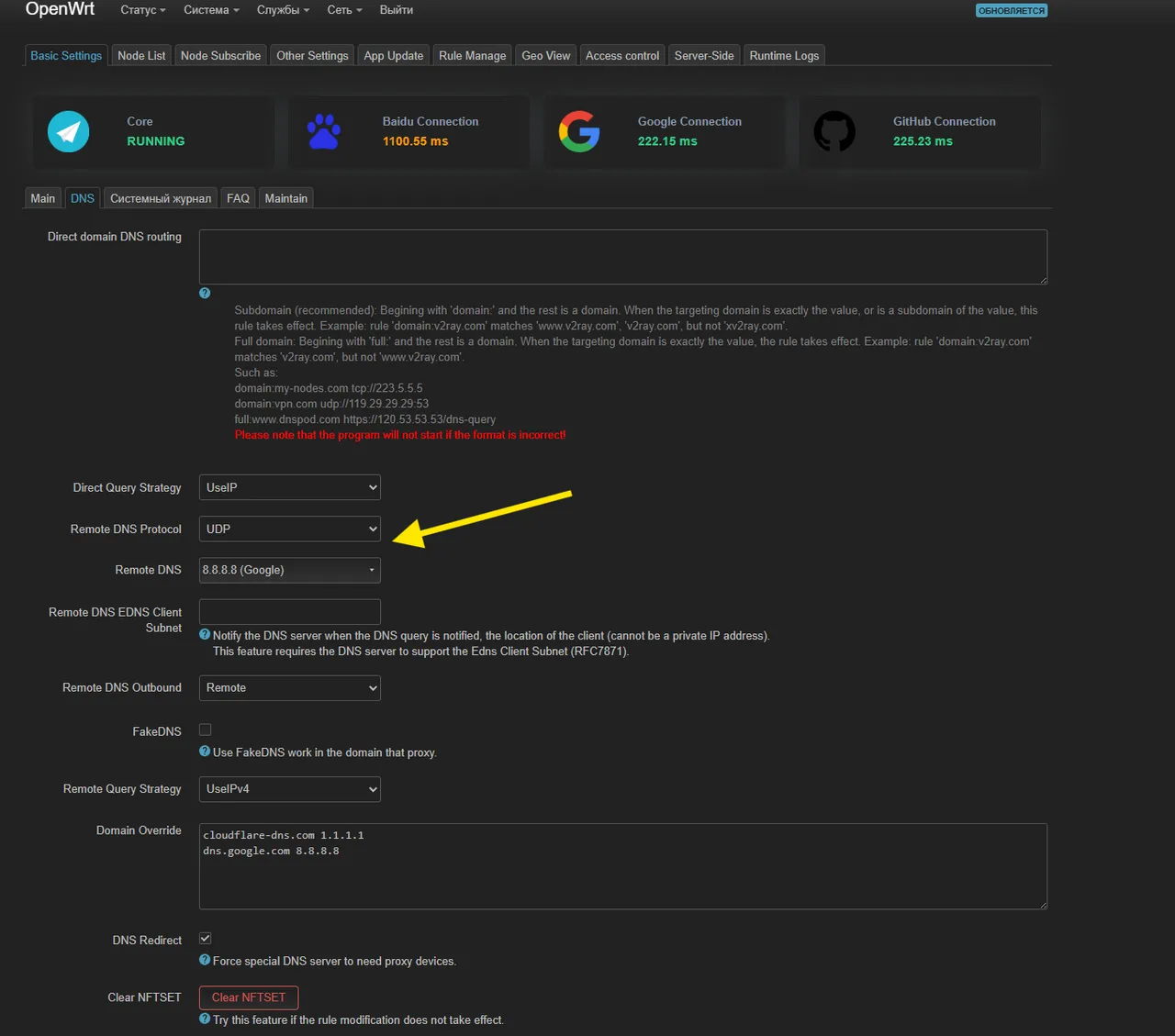 Вкладка DNS в Passwall2: Remote DNS Protocol UDP и Remote DNS 8.8.8.8