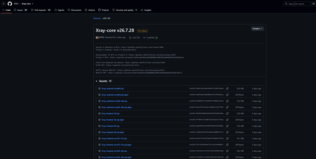Страница релиза Xray-core v26.7.28 на GitHub с меткой Pre-release и списком архивов