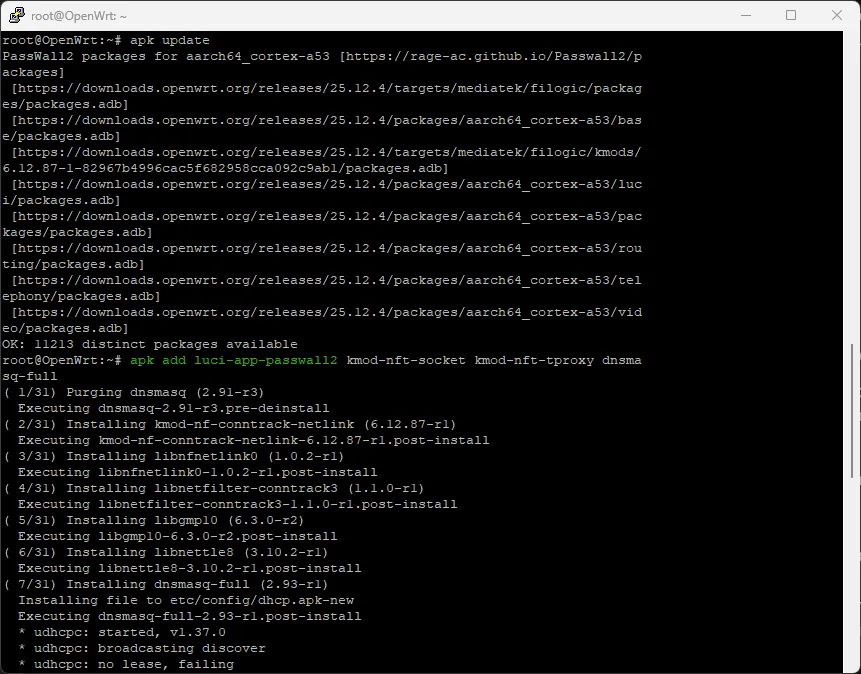 Установка Passwall2 на OpenWrt через apk add в SSH-консоли