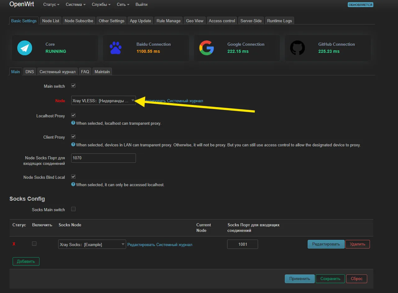 Basic Settings в Passwall2: выбран узел Xray VLESS Нидерланды, статус Core RUNNING