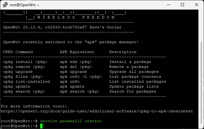 Перезапуск службы командой service passwall2 restart в SSH