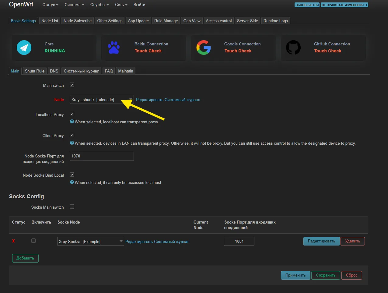 Выбор узла Xray_shunt rulenode в Basic Settings Passwall2