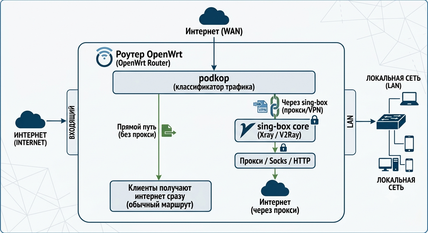 Схема маршрутизации трафика через podkop и sing-box на OpenWrt