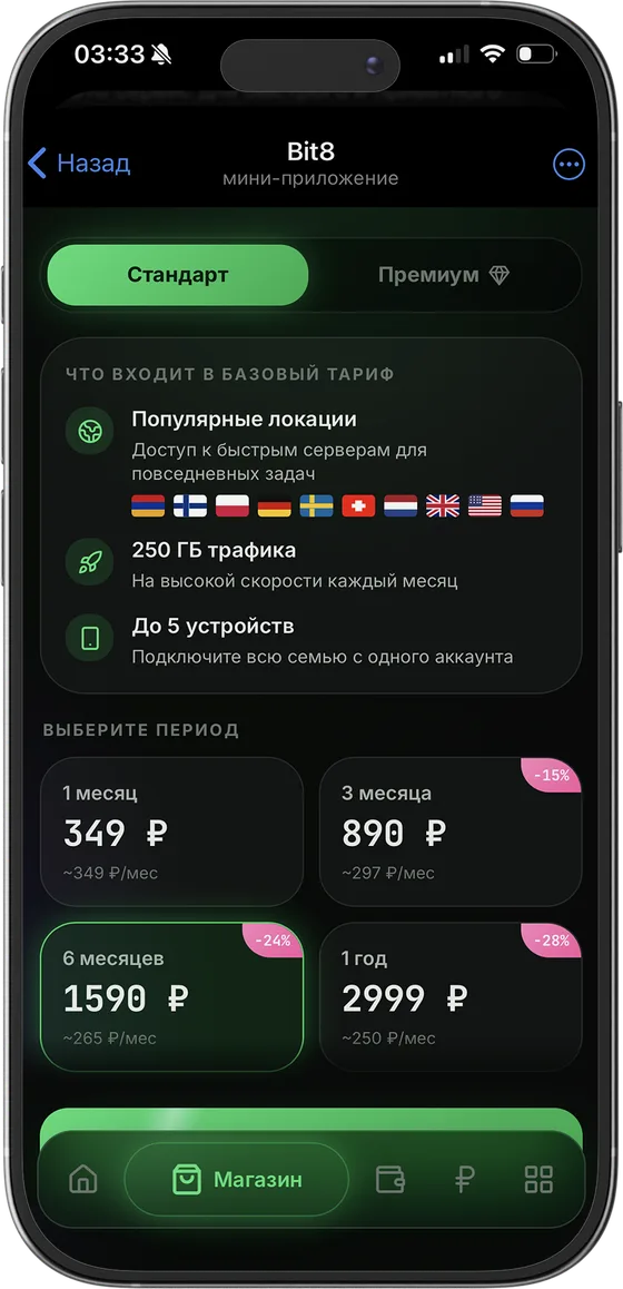 Экран выбора тарифа Стандарт в мини-приложении: локации, 250 ГБ трафика, до 5 устройств и цены за период